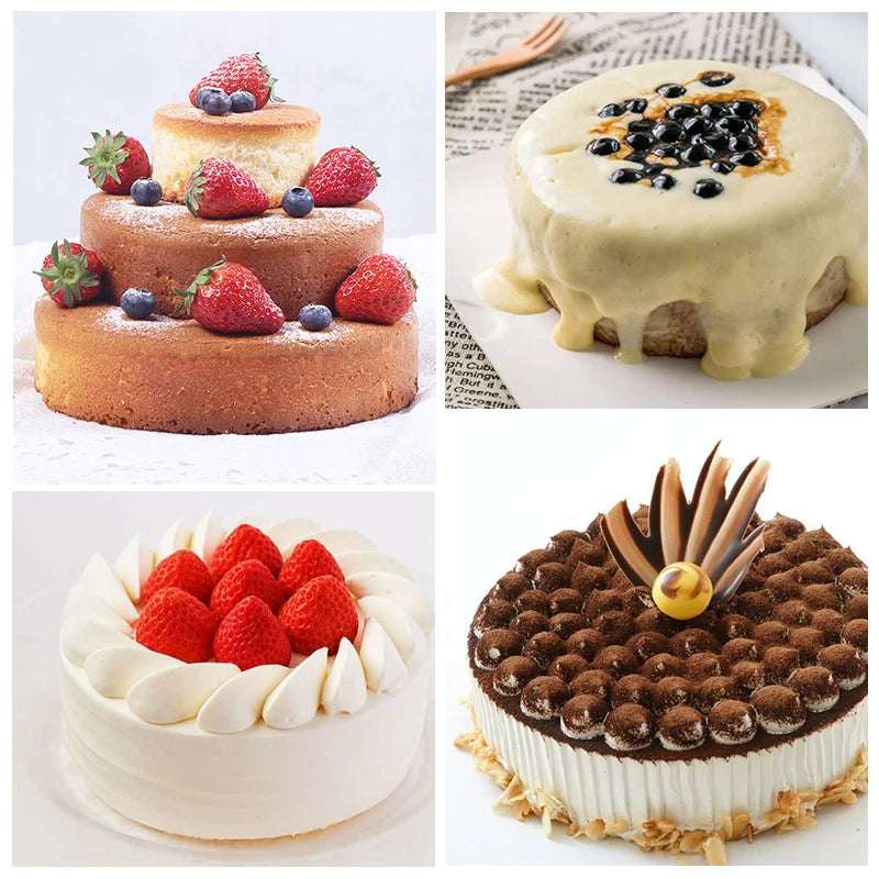 Quatre gateaux differents, dont un gateau a etages aux fruits, un gateau cremeux avec des garnitures, et d'autres decores de fruits et de chocolat.