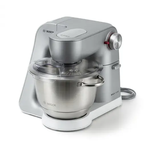 Silver-gray Bosch MUM5XL72 stand mixer with a stainless steel bowl