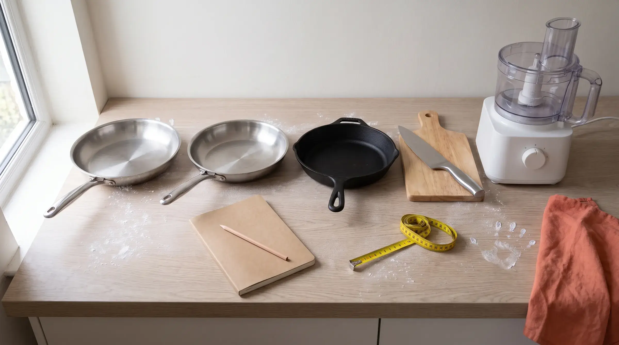 Plan de travail en chêne clair fariné pendant un test comparatif : deux poêles en inox, une poêle en fonte noire, un couteau de chef sur une planche en bois, un petit robot multifonction blanc, un carnet kraft avec un crayon, un mètre ruban jaune et un torchon en lin corail