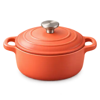 Icône 3D d'une cocotte en fonte orange avec son couvercle