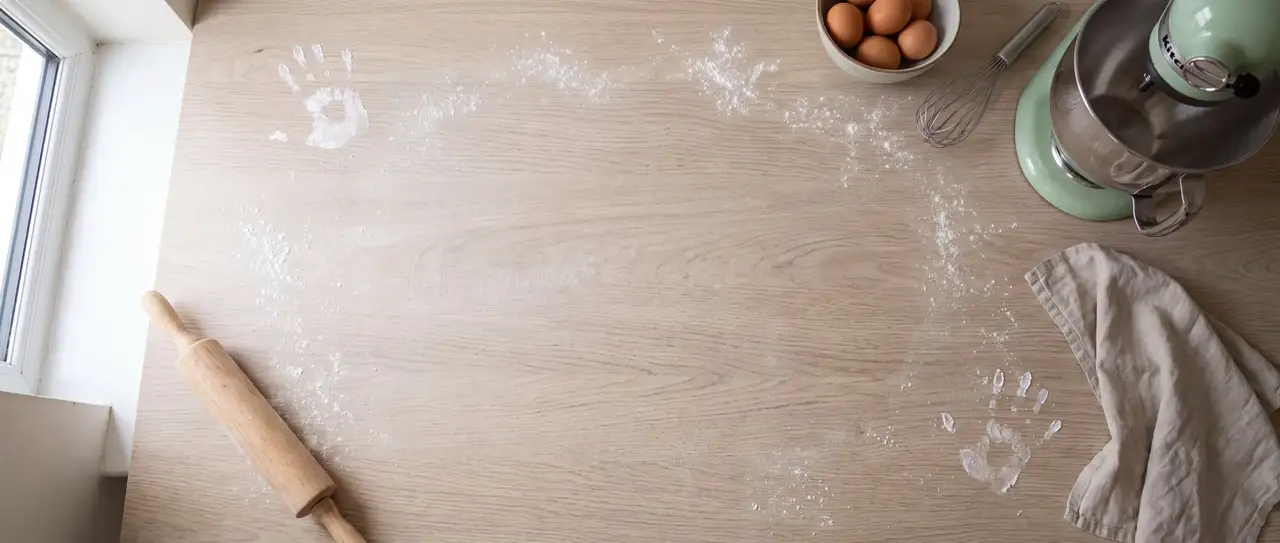 Floured light wood countertop seen from above, with a rolling pin, a bowl of eggs, a whisk and a pistachio green stand mixer
