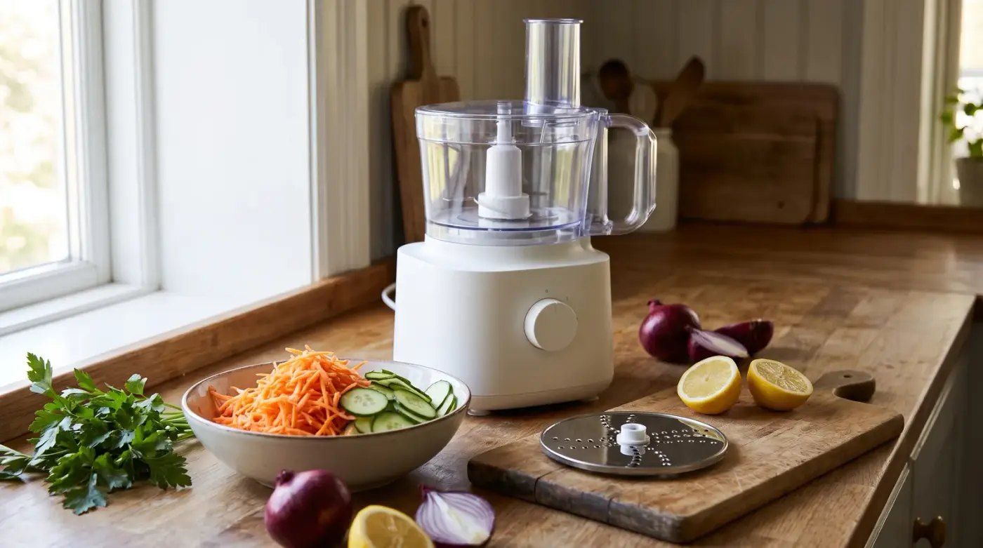 Plan de travail en bois près d'une fenêtre : robot multifonction blanc à bol transparent, carottes râpées et concombre émincé dans un saladier, disque à trancher en inox sur une planche, citrons, oignons rouges et persil