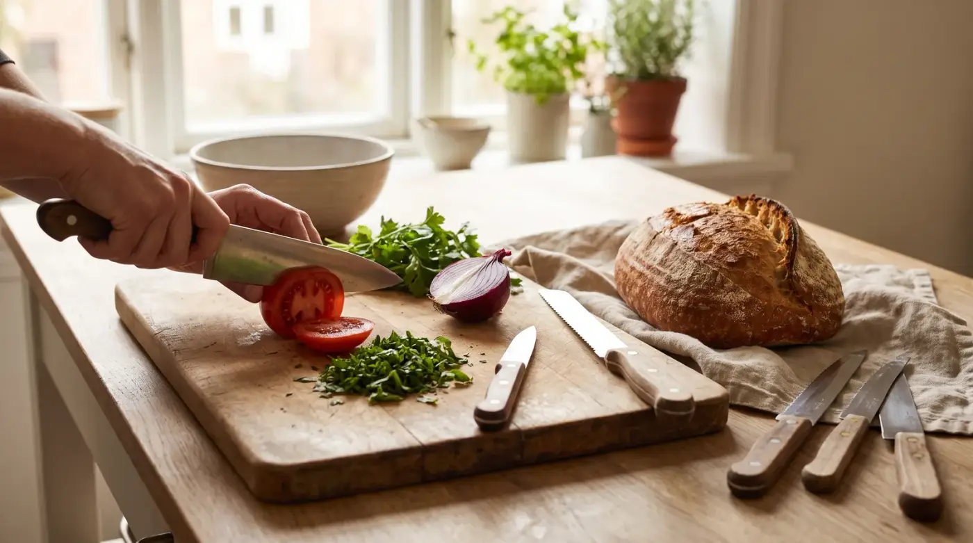Plan de travail en bois : une main émince une tomate au couteau de chef sur une planche à découper, à côté d'un petit couteau d'office, d'un couteau à pain dentelé près d'une miche et de trois couteaux posés sur un torchon en lin