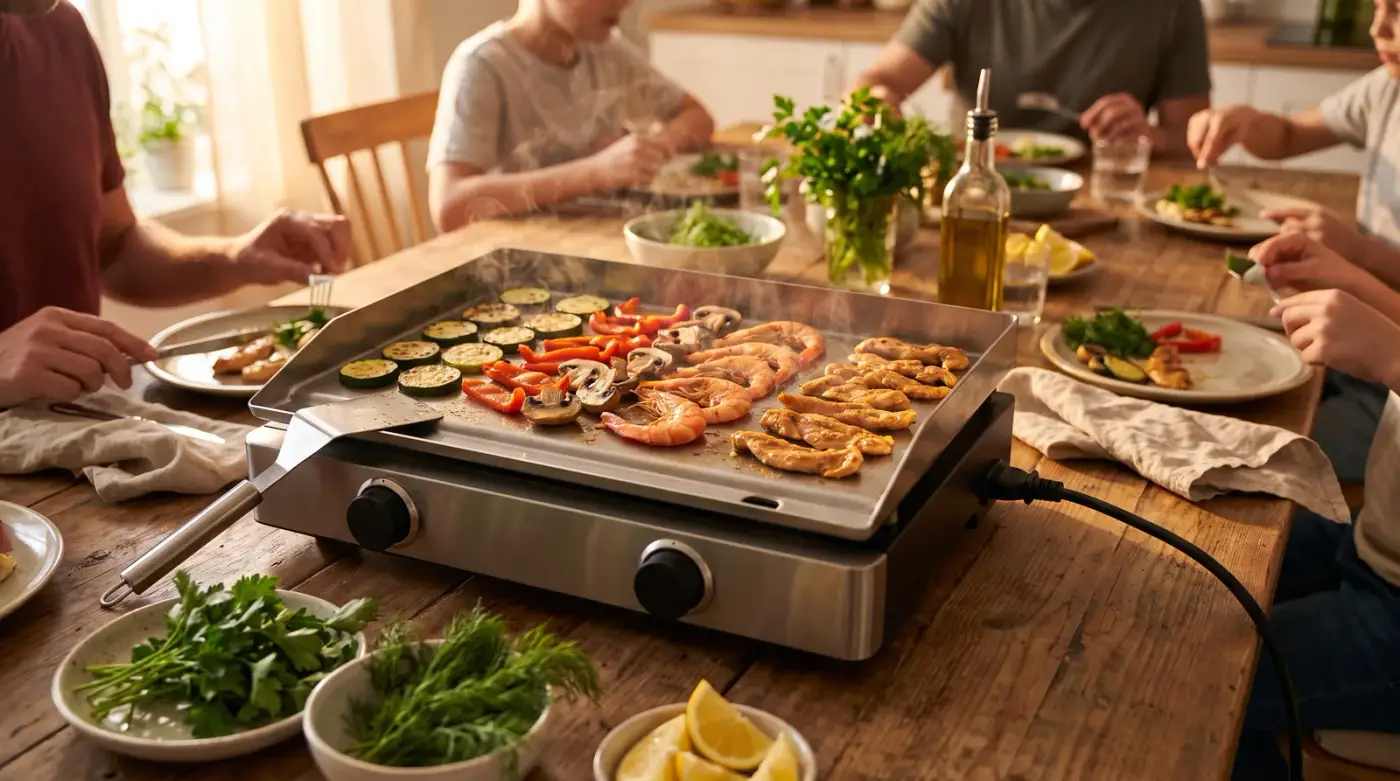 Plancha électrique à plaque inox posée sur une table de salle à manger, avec courgettes, poivrons, champignons, gambas et lanières de poulet qui grillent, spatule en inox posée sur le bord et cordon branché sur le côté