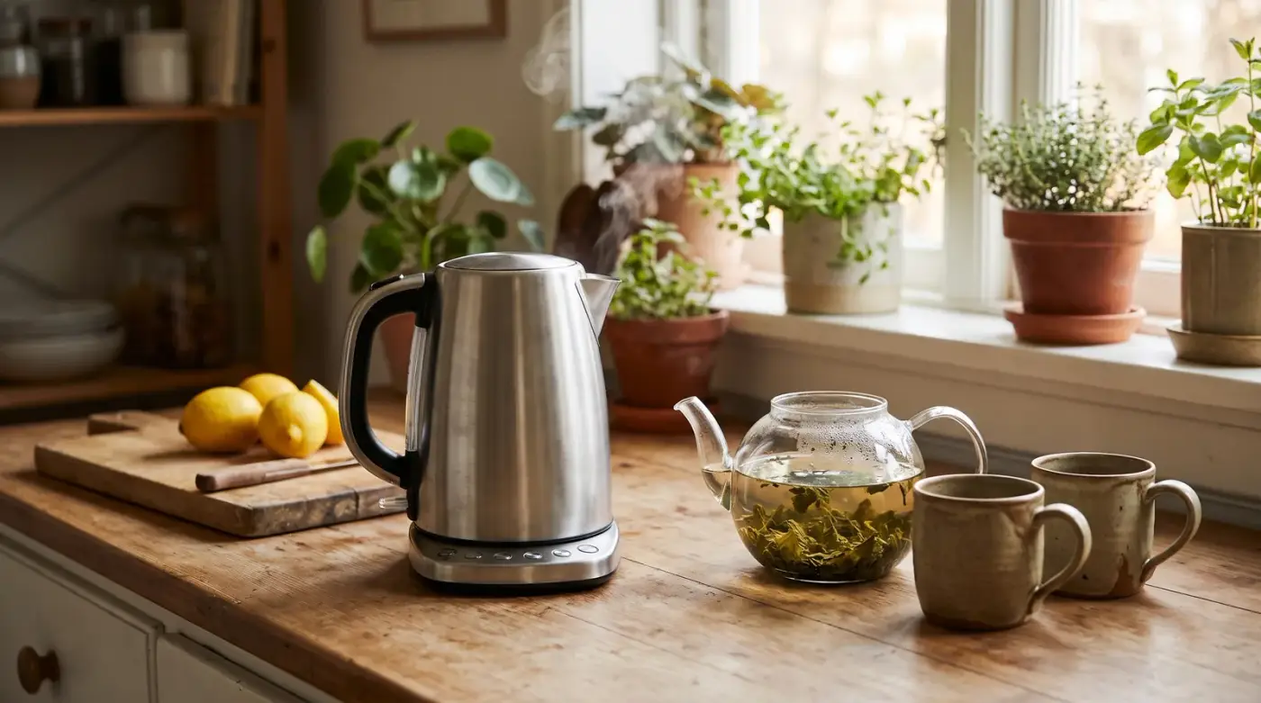 Bouilloire électrique en inox brossé qui fume sur un plan de travail en bois, à côté d'une théière en verre remplie de thé vert, de deux mugs en grès et de citrons sur une planche