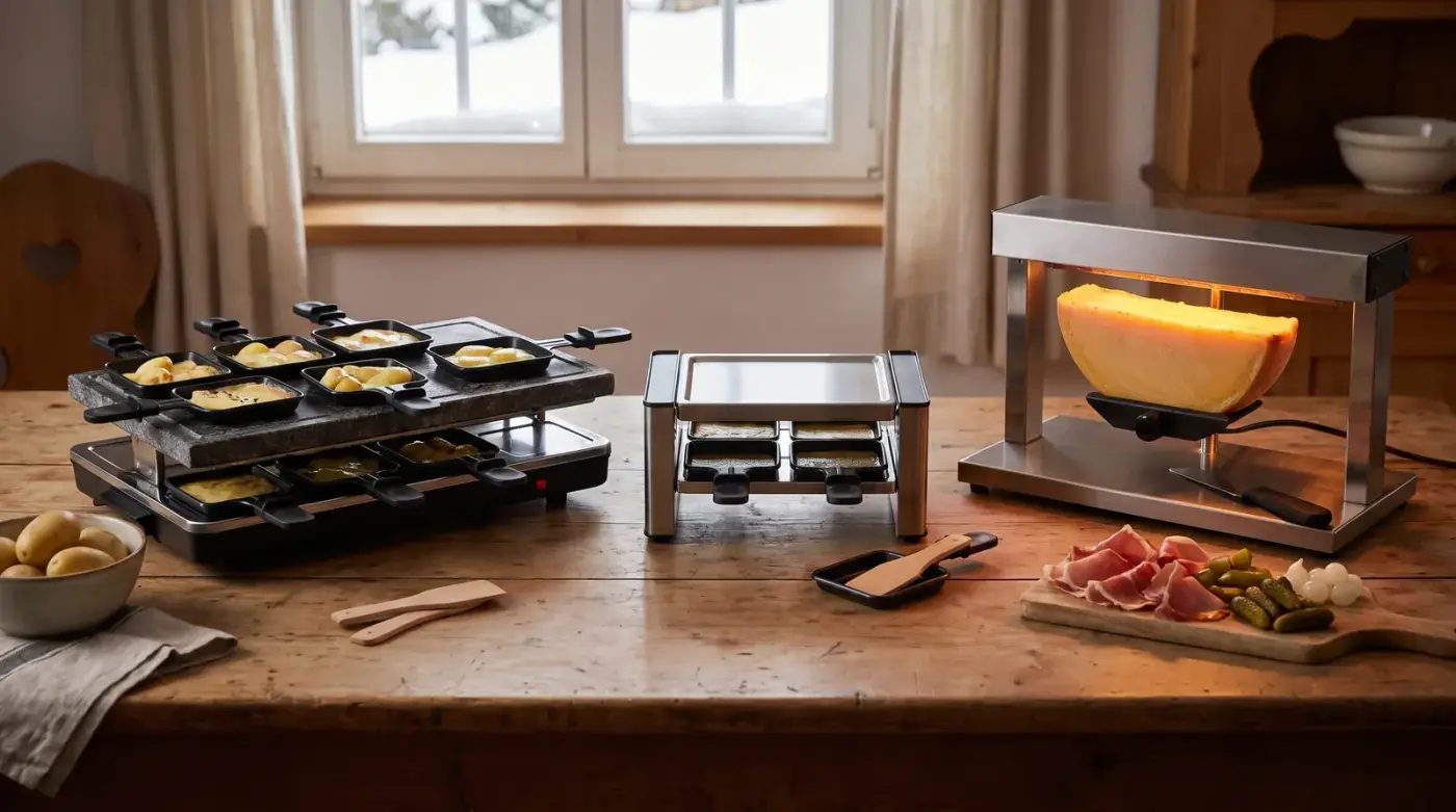 Trois appareils à raclette sur une table en bois : un modèle 8 poêlons à pierre, un petit appareil pour deux et un appareil traditionnel à demi-meule, avec pommes de terre, jambon cru et cornichons