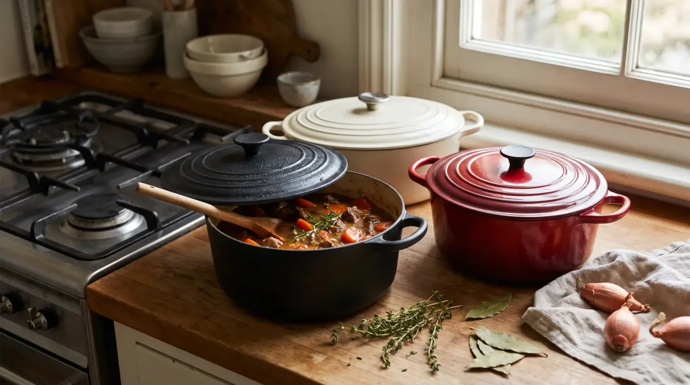 Cocotte en fonte noire au couvercle soulevé sur un ragoût de bœuf aux carottes avec une cuillère en bois, posée sur un plan de travail en bois près d'une gazinière, à côté d'une cocotte rouge et d'une cocotte crème fermées, thym, laurier et échalotes