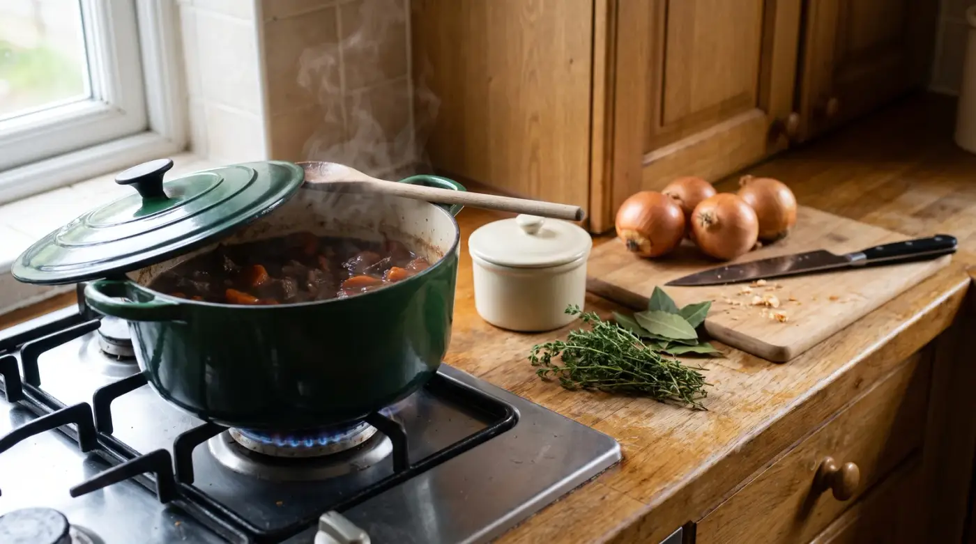 Cocotte en fonte émaillée verte sur un feu gaz, ragoût de bœuf aux carottes qui mijote sous le couvercle entrouvert, petit pot en céramique, thym, laurier et oignons sur un plan de travail en bois
