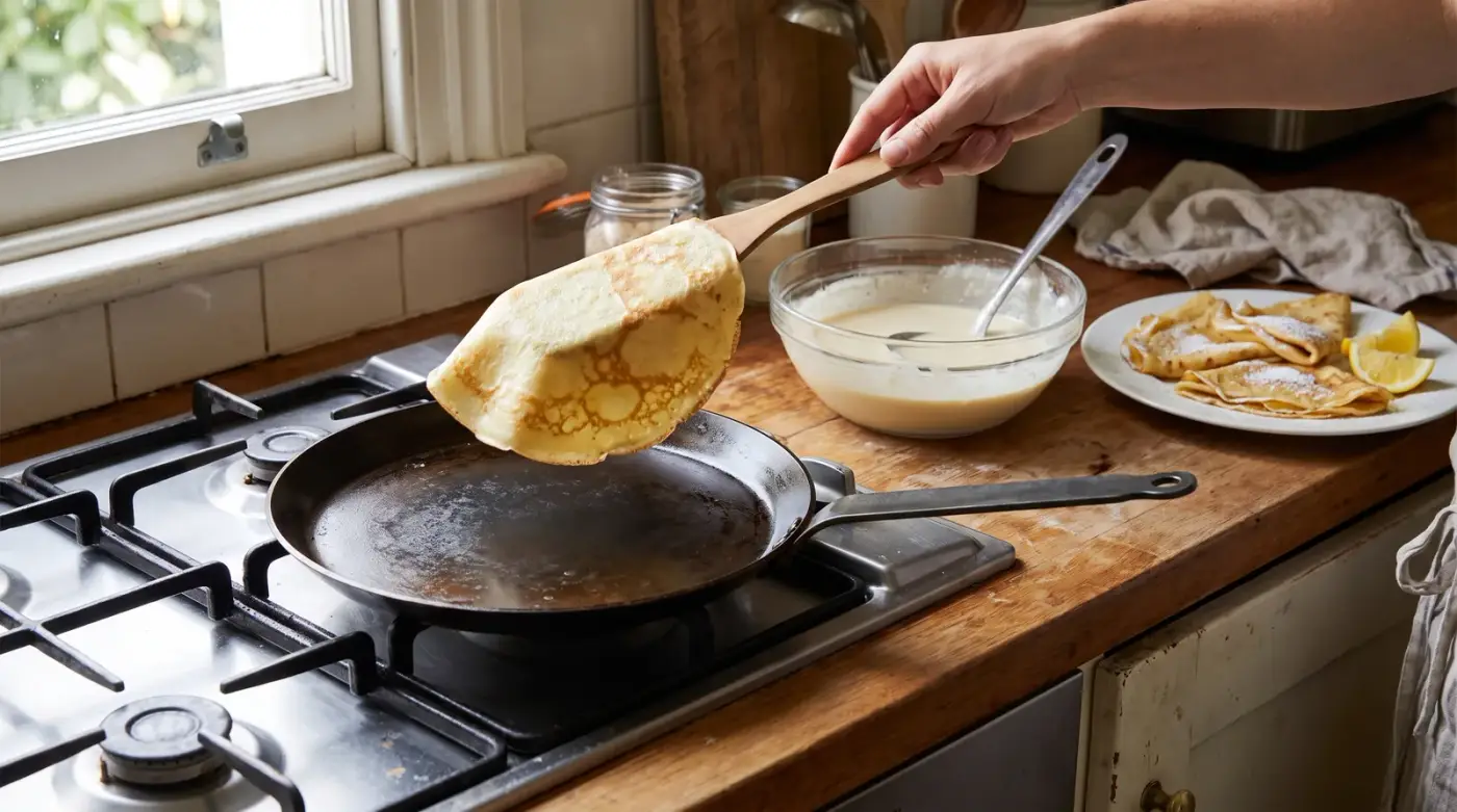 Crêpe dorée soulevée à la spatule en bois au-dessus d'une poêle à crêpes en acier noirci sur une gazinière, saladier de pâte et assiette de crêpes au sucre et citron