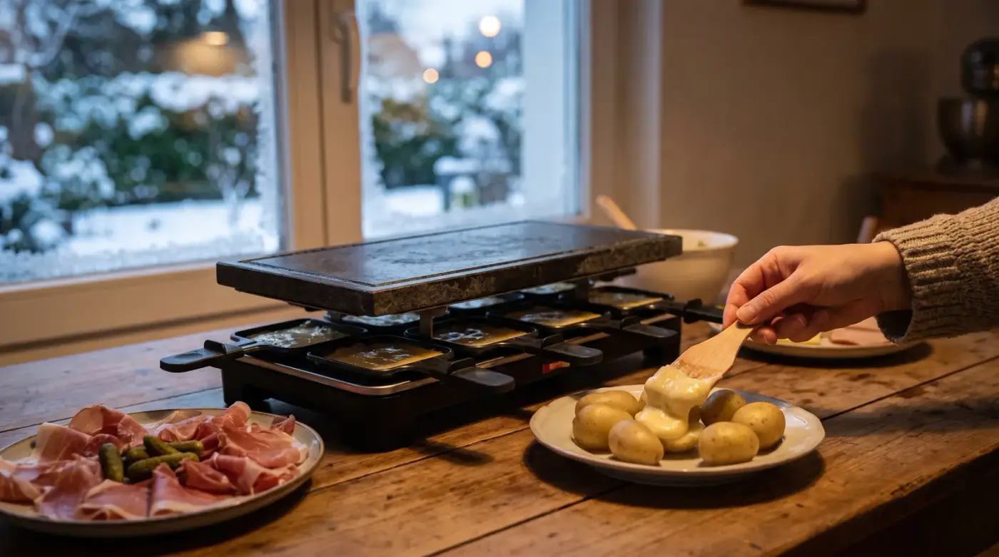 Soirée raclette en hiver : appareil électrique à pierre de cuisson et huit coupelles sur une table en bois, fromage fondu versé à la spatule sur des pommes de terre, jambon cru et cornichons
