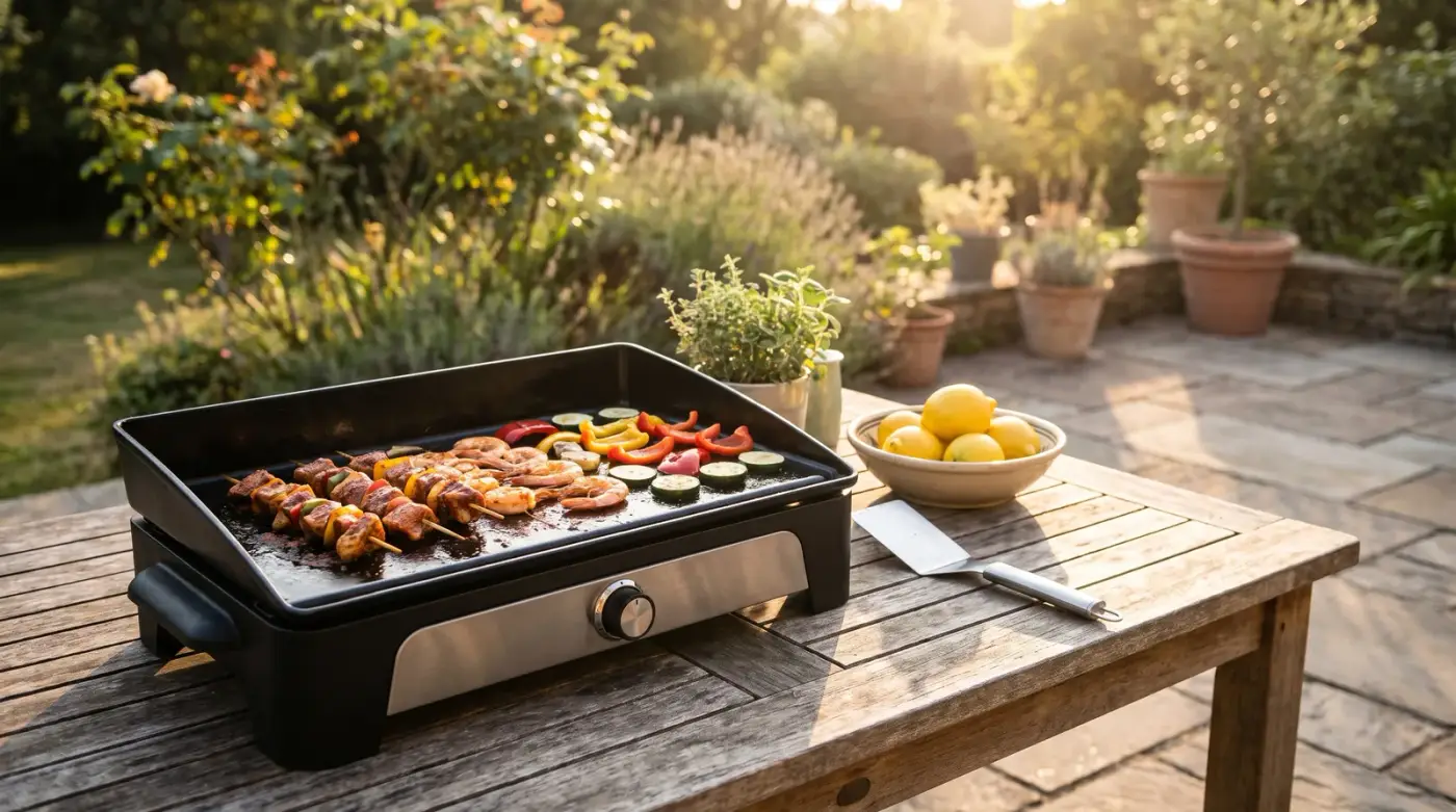 Plancha posée sur une table d'extérieur en bois sur une terrasse au coucher du soleil, avec des brochettes de viande, des crevettes et des légumes grillés sur la plaque de cuisson, une spatule en inox et un bol de citrons à côté