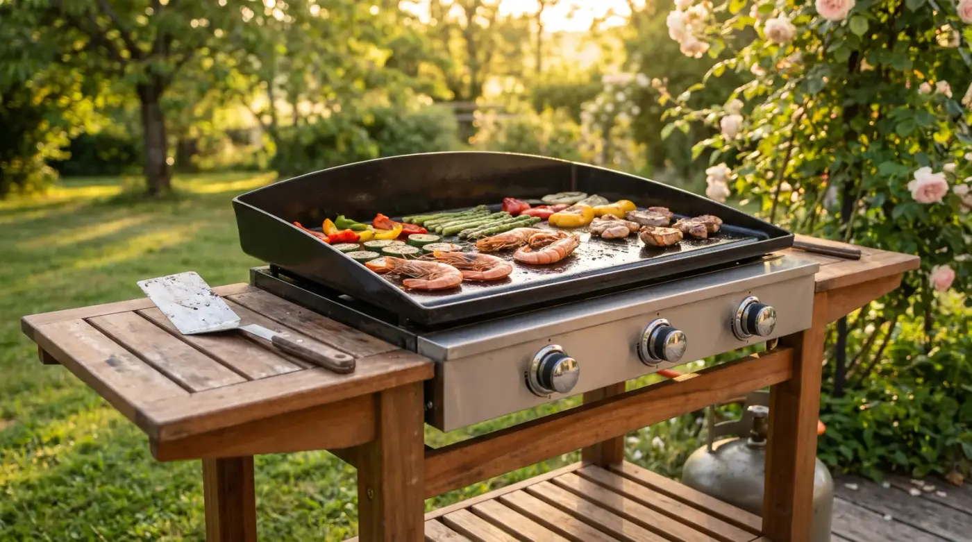 Plancha gaz posée sur une desserte en bois dans un jardin en fin de journée, avec des légumes grillés, des crevettes et des morceaux de viande sur la plaque de cuisson, une spatule posée à côté et une bouteille de gaz rangée sous la desserte