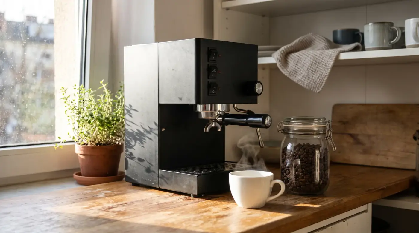 Petite machine à café expresso noire posée sur le plan de travail étroit d'une cuisine de studio, une tasse d'expresso fumante devant elle et un pot de grains de café à côté
