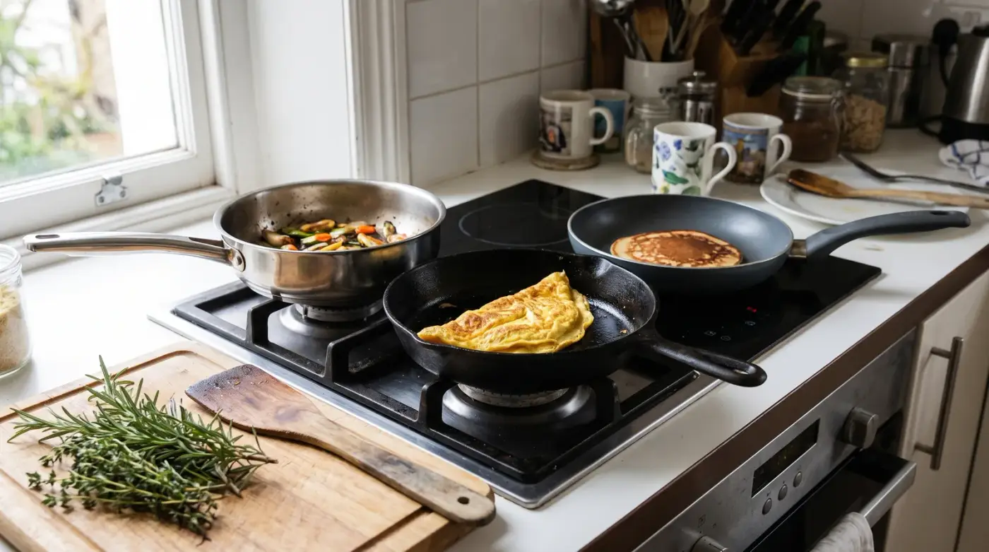 Trois poêles sur une table de cuisson gaz et induction : une poêle inox avec des légumes sautés, une poêle en fonte avec une omelette, une poêle antiadhésive avec un pancake, spatule en bois et herbes fraîches