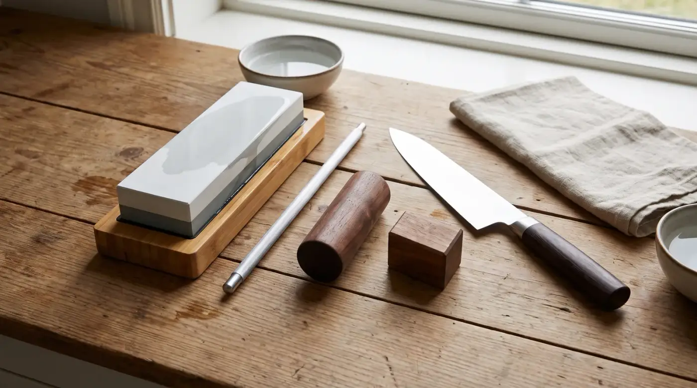 Sur un plan de travail en bois, une pierre à eau double face sur son socle en bambou, un fusil, un aiguiseur à rouleau en bois avec son bloc d'angle, un couteau de chef, un torchon en lin et un bol d'eau