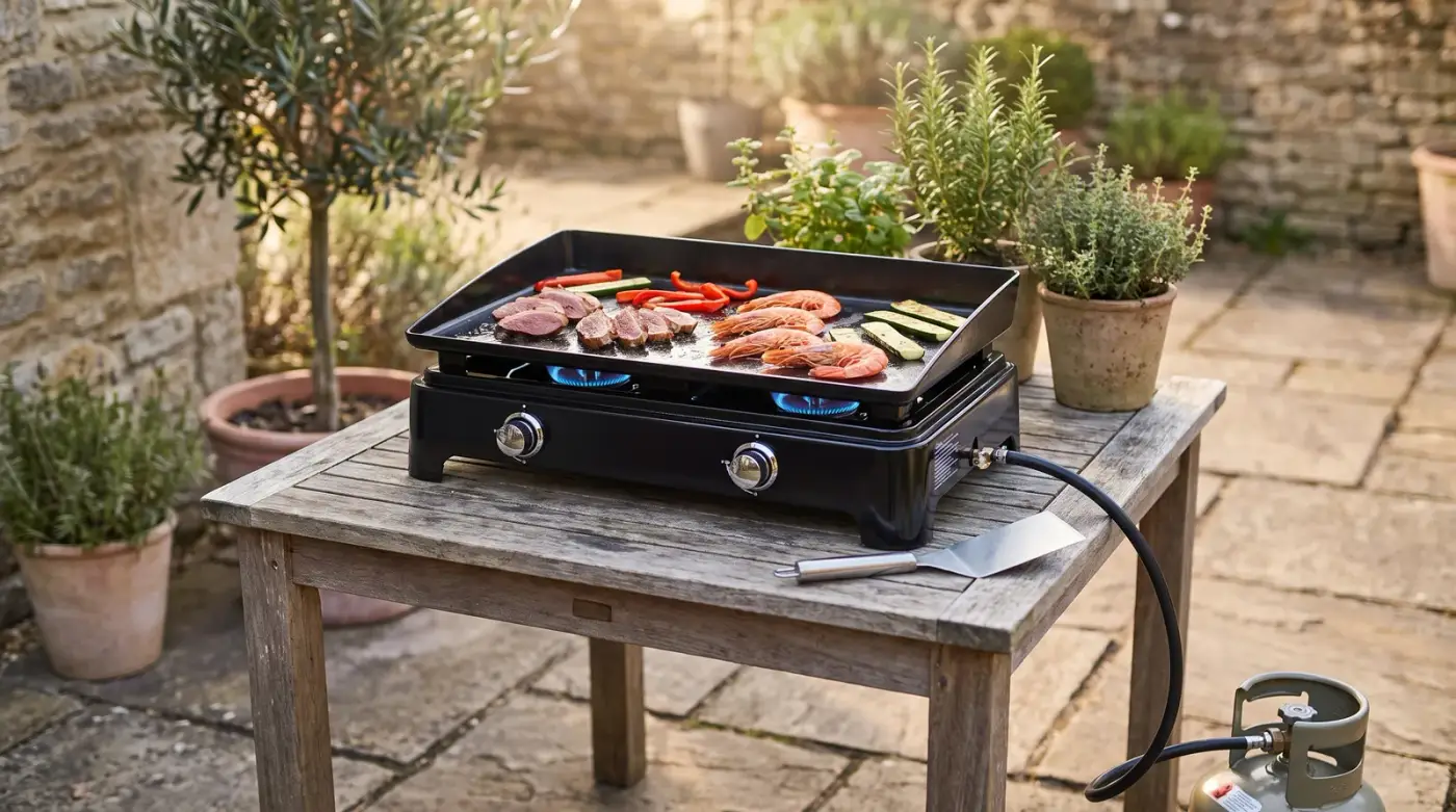 Plancha gaz noire à deux brûleurs posée sur une table de jardin en bois, avec magret, gambas, poivrons et courgettes sur la plaque, spatule inox et bouteille de gaz reliée par un tuyau