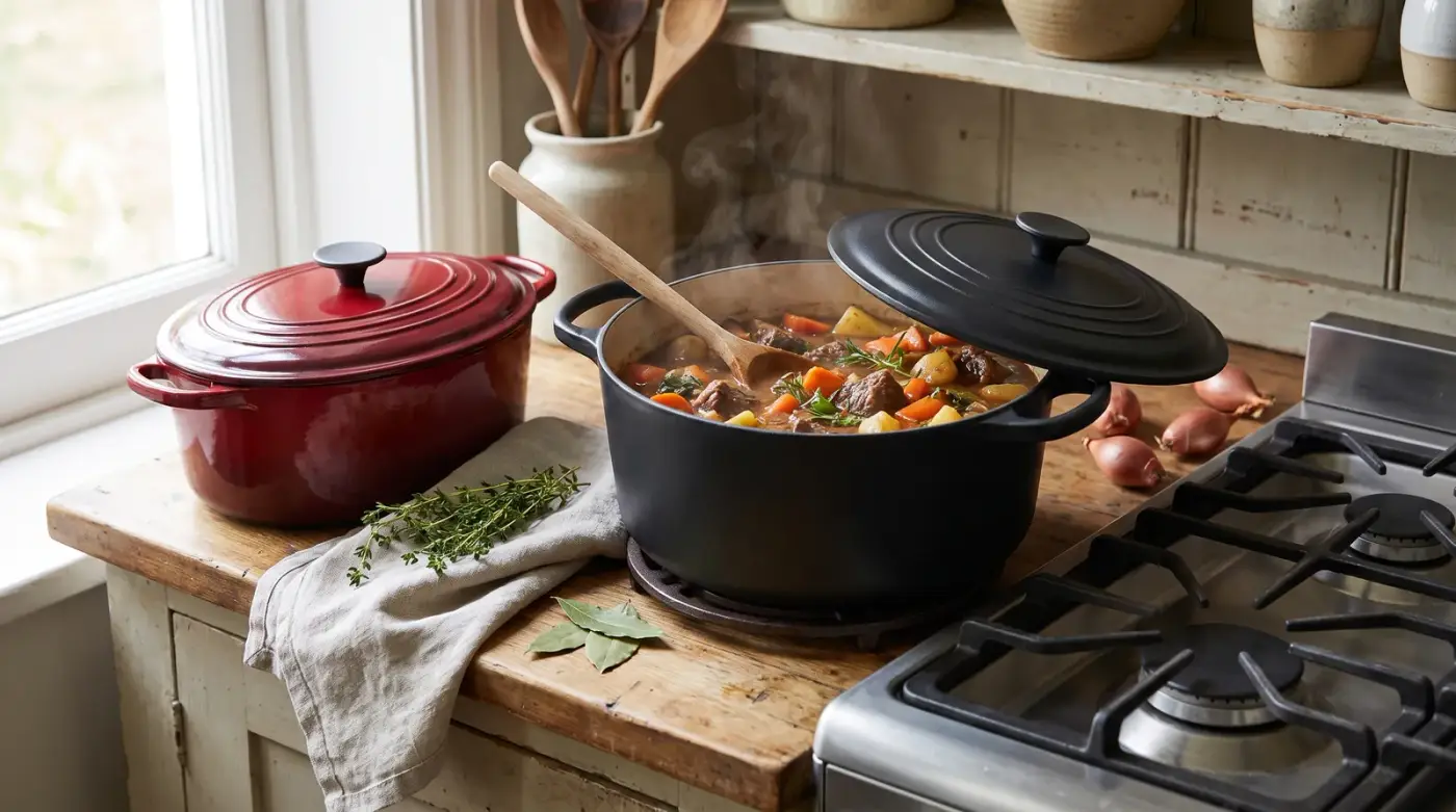 Cocotte en fonte noire mate posée sur un plan de travail en bois près d'une gazinière, couvercle soulevé sur un ragoût de bœuf aux carottes, à côté d'une cocotte ovale rouge fermée, thym, laurier et échalotes