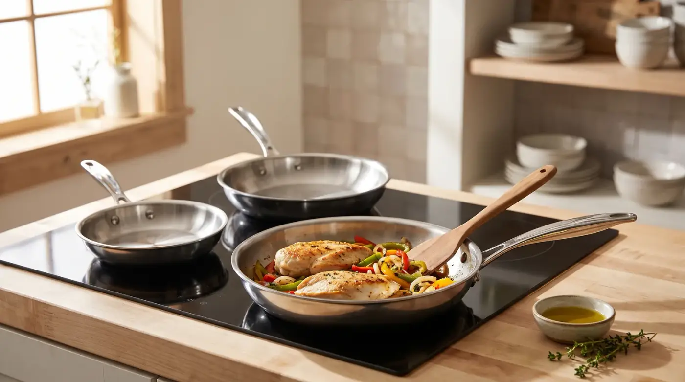 Trois poêles en inox poli sur une plaque à induction, la plus grande saisit deux blancs de poulet dorés avec des poivrons, spatule en bois et bol d'huile d'olive à côté