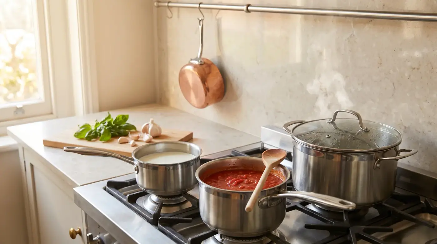 Trois casseroles en inox sur une gazinière, du lait dans la plus petite, une sauce tomate avec une cuillère en bois dans la moyenne, un faitout fumant sous un couvercle en verre, une casserole en cuivre suspendue au mur, basilic et ail sur une planche