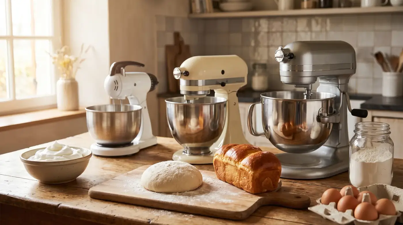 Trois robots pâtissiers sur un plan de travail en bois, du modèle compact au robot à bol relevable, devant des blancs montés, une boule de pâte à pain, une brioche et des œufs