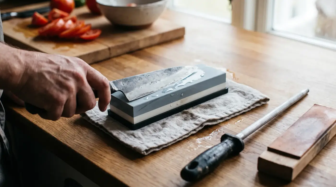 Hand sharpening a chef's knife on a grey and white whetstone resting on a damp towel, next to a black-handled honing steel and a leather strop on a wooden board