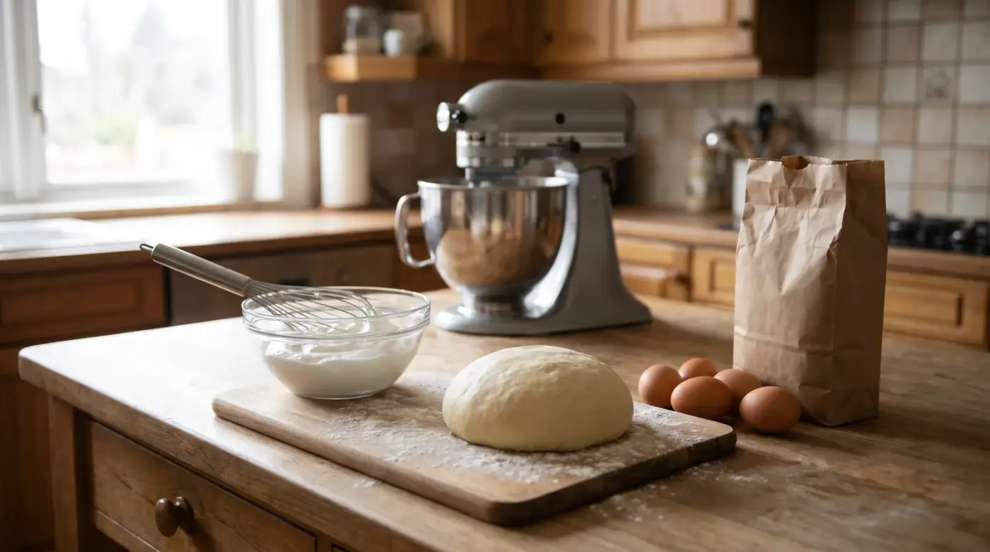Plan de travail en bois : robot pâtissier à bol inox en arrière-plan, boule de pâte à brioche sur une planche farinée, blancs montés au fouet, œufs et sac de farine
