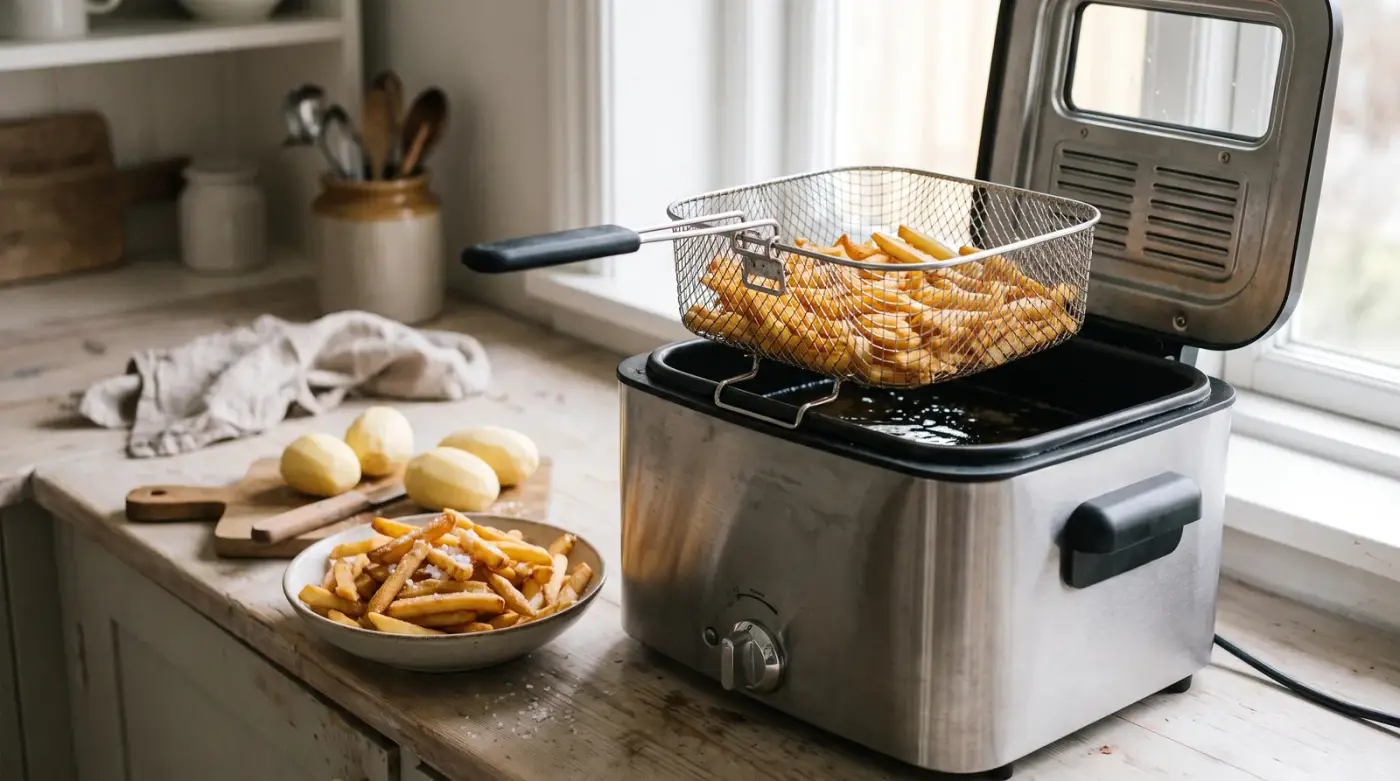 Friteuse électrique en inox sur un plan de travail en bois, panier de frites dorées suspendu au-dessus du bain d'huile, bol de frites salées et pommes de terre épluchées