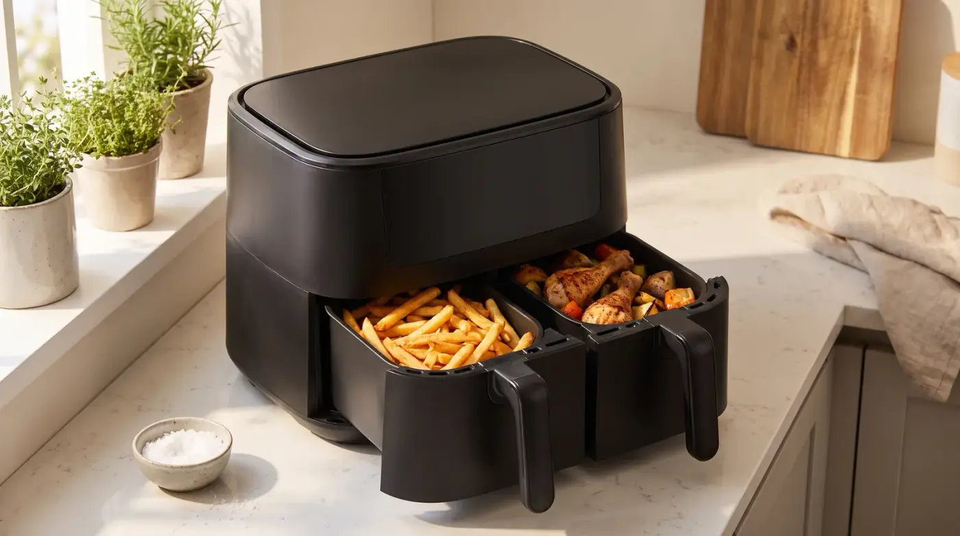 Air fryer noir à deux tiroirs sur un plan de travail clair, un tiroir ouvert avec des frites dorées et l'autre avec des pilons de poulet, une assiette de légumes rôtis posée à côté