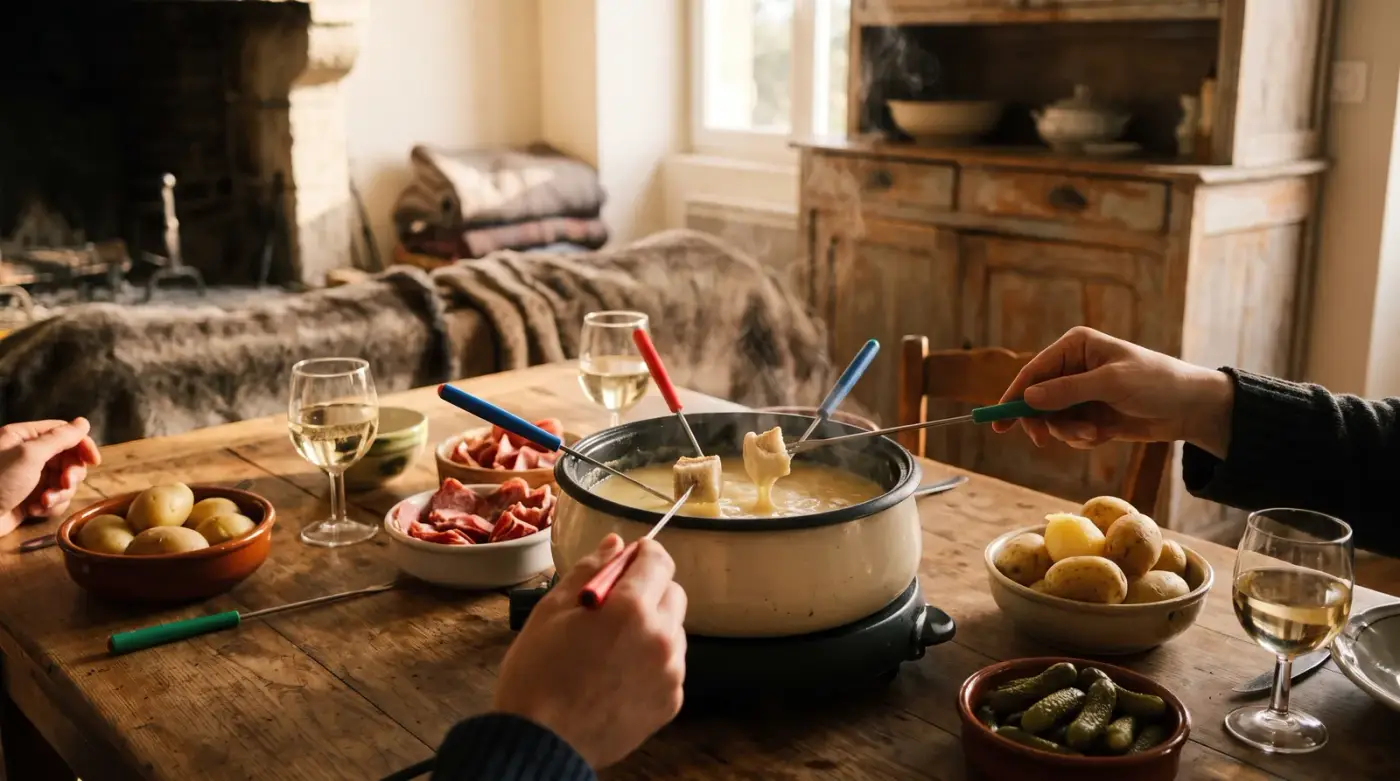 Fondue savoyarde entre amis : caquelon fumant au centre d'une table en bois, fourchettes à manche coloré, pommes de terre, charcuterie, cornichons et vin blanc