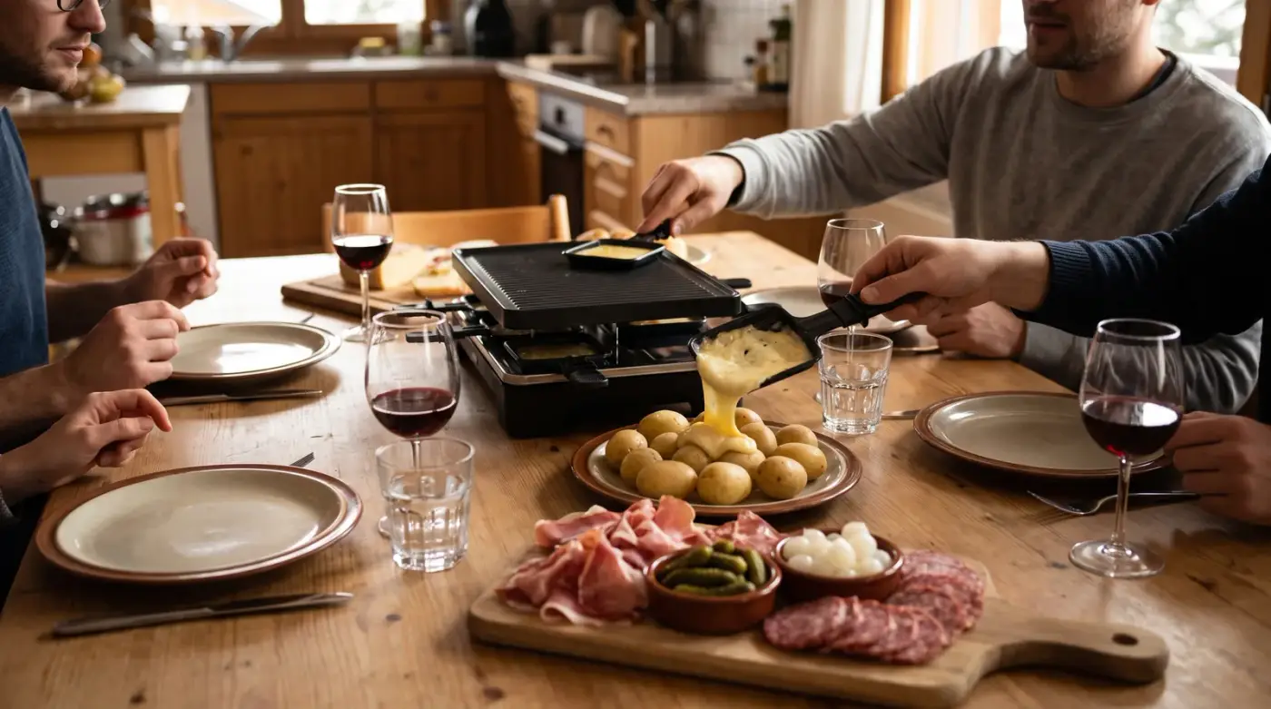 Soirée raclette entre amis : appareil électrique au centre de la table, fromage fondu versé sur des pommes de terre, planche de charcuterie et cornichons