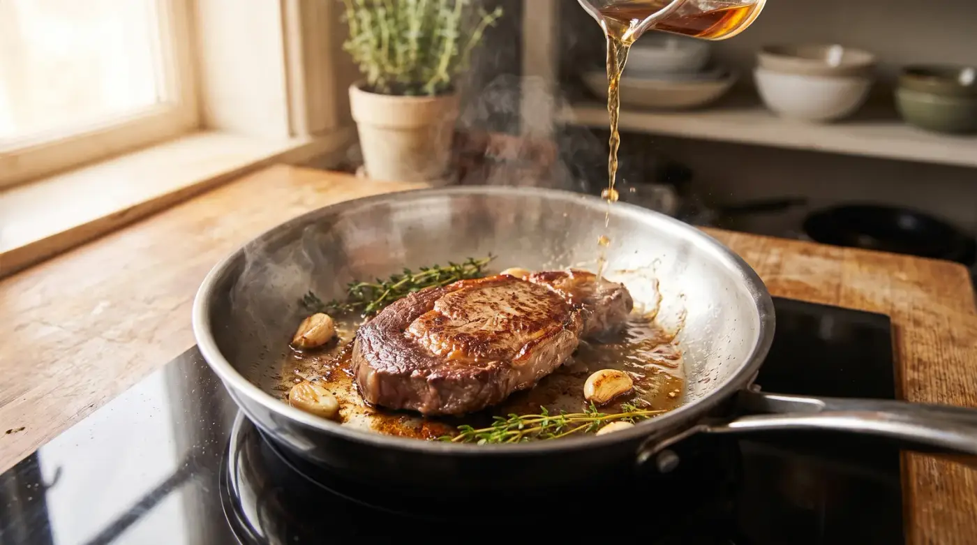 Steak saisi dans une poêle en inox sans revêtement posée sur une plaque à induction, déglacé avec un filet de liquide versé sur les sucs de cuisson, ail en chemise et thym frais