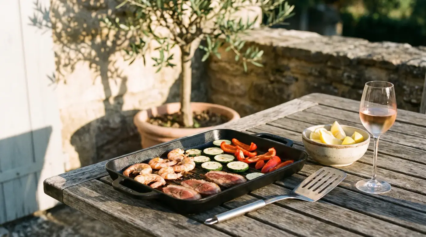 Plancha noire posée sur une table en bois en terrasse, avec gambas, courgettes, poivrons et magret en train de griller, spatule en inox, citrons et verre de rosé à côté