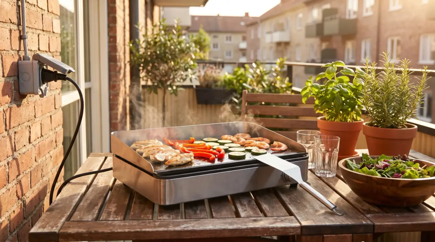 Plancha électrique en inox posée sur une table en bois de balcon, avec blancs de poulet, crevettes, rondelles de courgette et lanières de poivron en cuisson, une spatule, deux verres d'eau, un saladier de salade et des pots de basilic et de romarin