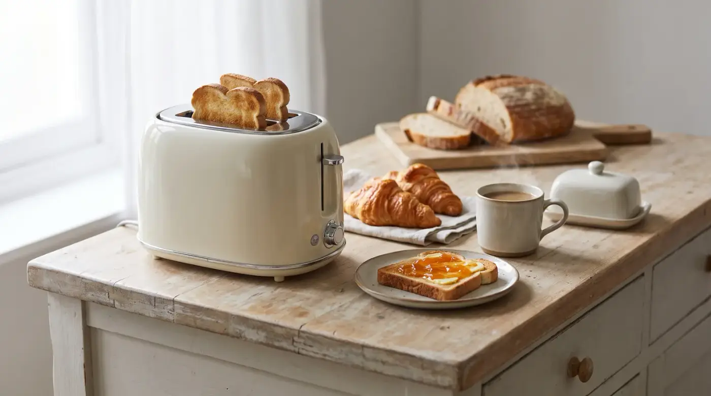 Grille-pain deux fentes crème au design rétro sur un plan de travail en bois, deux toasts dorés qui dépassent, croissants, tartine à la confiture et tasse de café