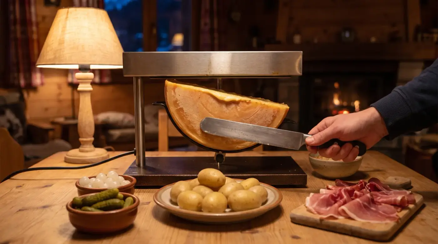 Demi-meule de fromage à raclette sous la rampe de chauffe d'un appareil traditionnel, raclée au couteau au-dessus d'une assiette de pommes de terre, avec cornichons, oignons grelots et jambon cru