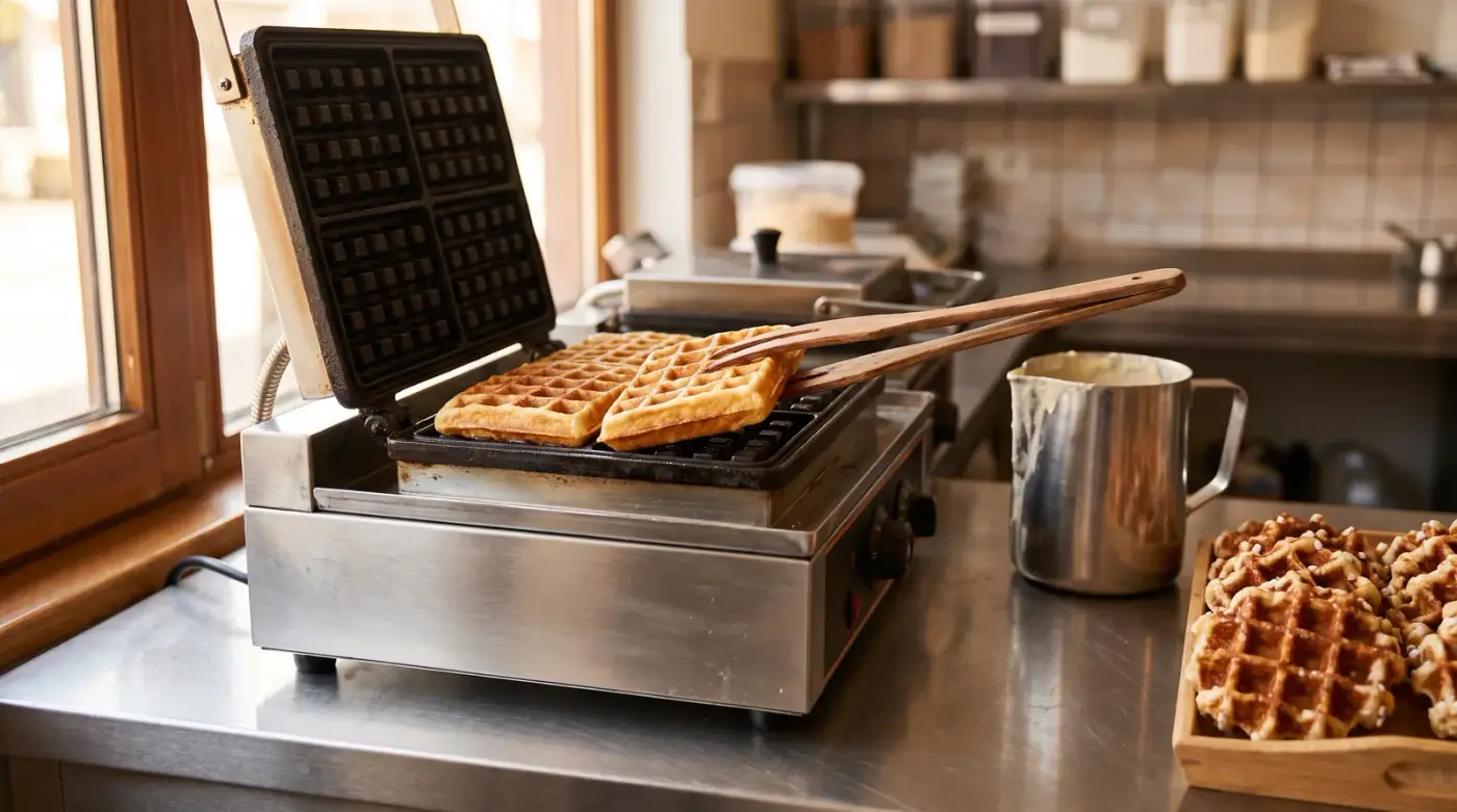 Gaufrier professionnel inox à fers en fonte ouvert sur le comptoir d'un kiosque, deux gaufres de Bruxelles soulevées à la fourchette en bois, pichet de pâte et plateau de gaufres de Liège