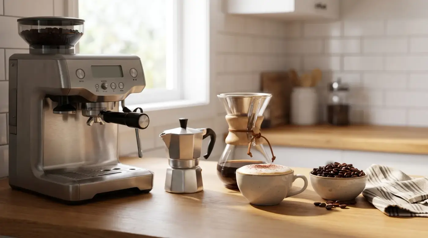 Plan de travail en bois baigné de lumière : machine expresso à porte-filtre avec broyeur, cafetière italienne, carafe de café filtre, cappuccino et bol de grains de café
