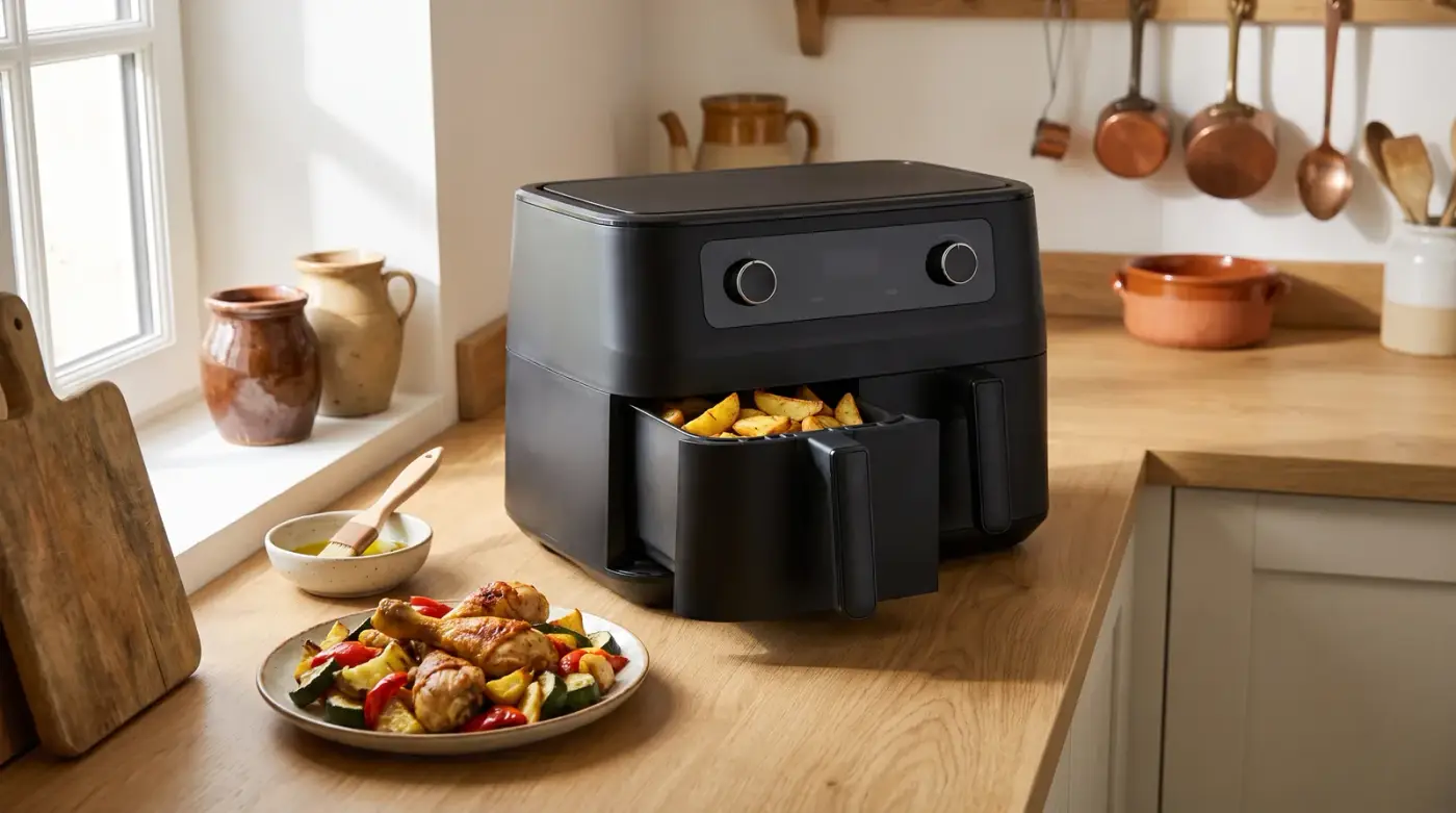 Airfryer noir à deux tiroirs sur un plan de travail en bois, un tiroir ouvert rempli de potatoes dorées, à côté d'une assiette de pilons de poulet et de légumes rôtis