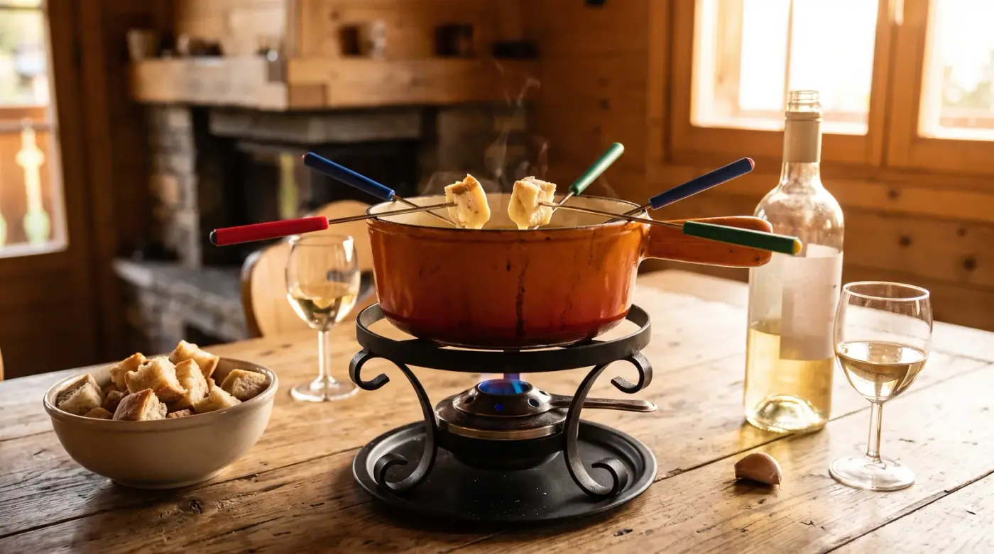 Caquelon en fonte émaillée rempli de fromage fondu, posé sur un réchaud en fer forgé au-dessus d'un brûleur allumé, sur une table de chalet en bois avec pain, fourchettes à fondue, vin blanc et une gousse d'ail