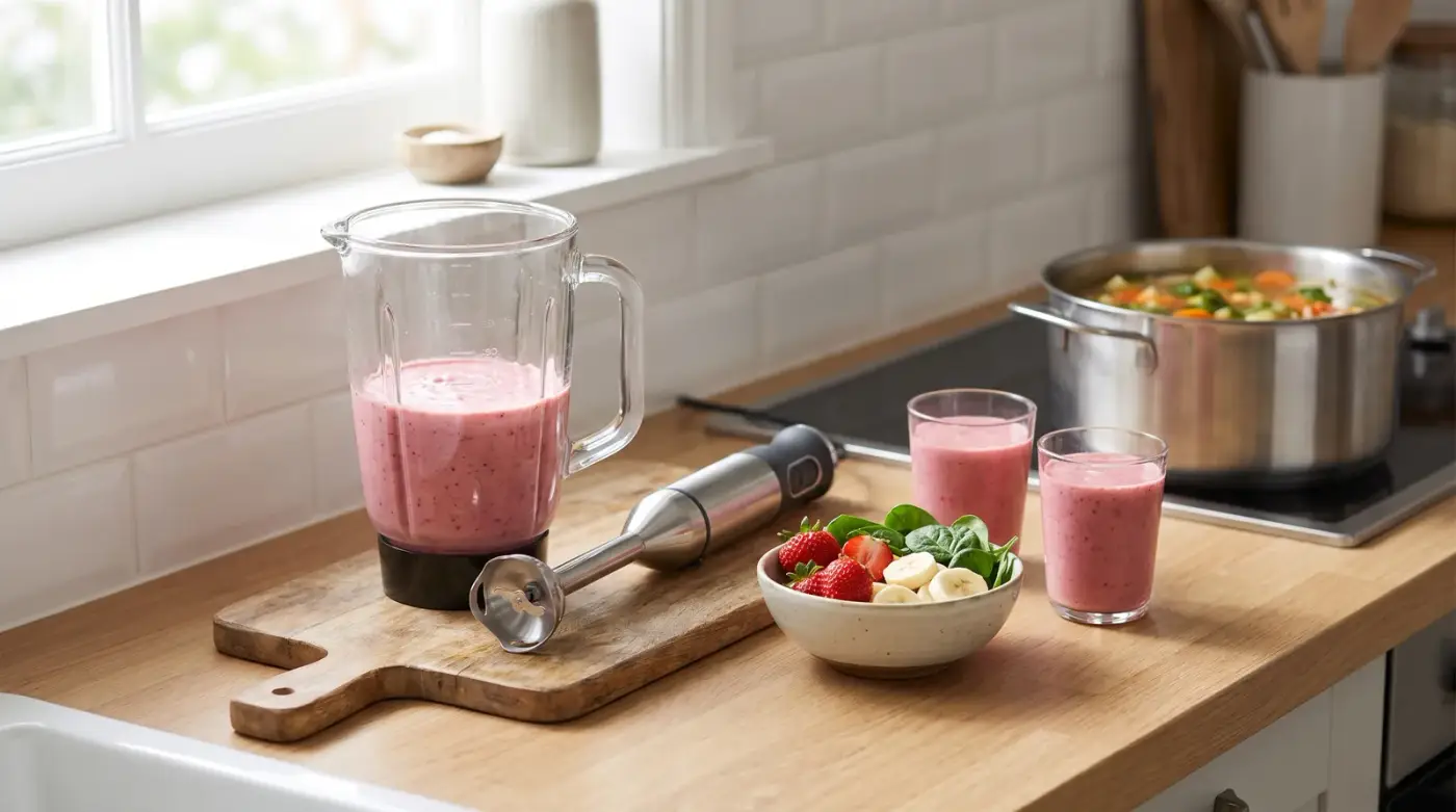 Blender à bol en verre rempli d'un smoothie aux fruits rouges sur un plan de travail en bois, à côté d'un mixeur plongeant en inox, d'un bol de fraises, banane et épinards et de deux verres de smoothie
