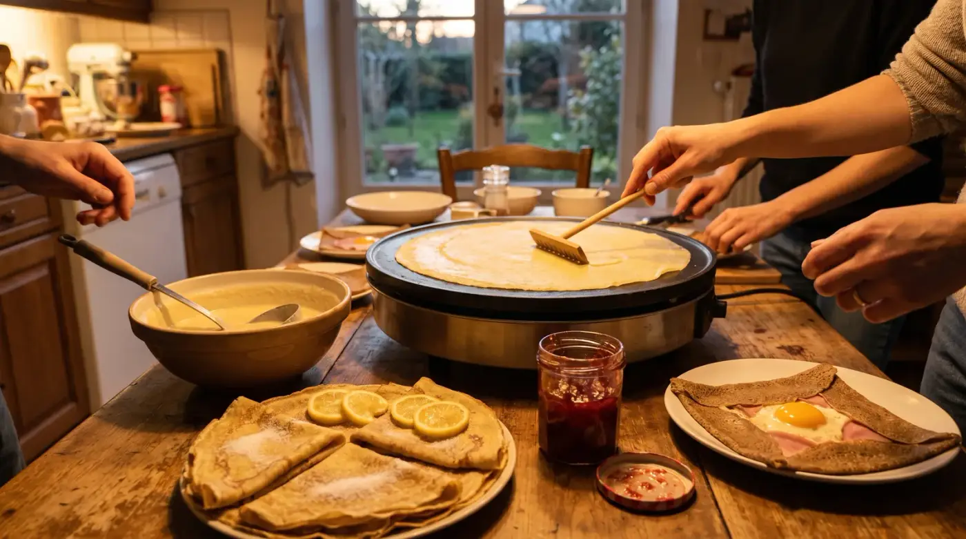 Soirée crêpes en famille : crêpière électrique ronde au centre d'une table en bois, pâte étalée au râteau, saladier de pâte, crêpes au sucre et citron et galette complète