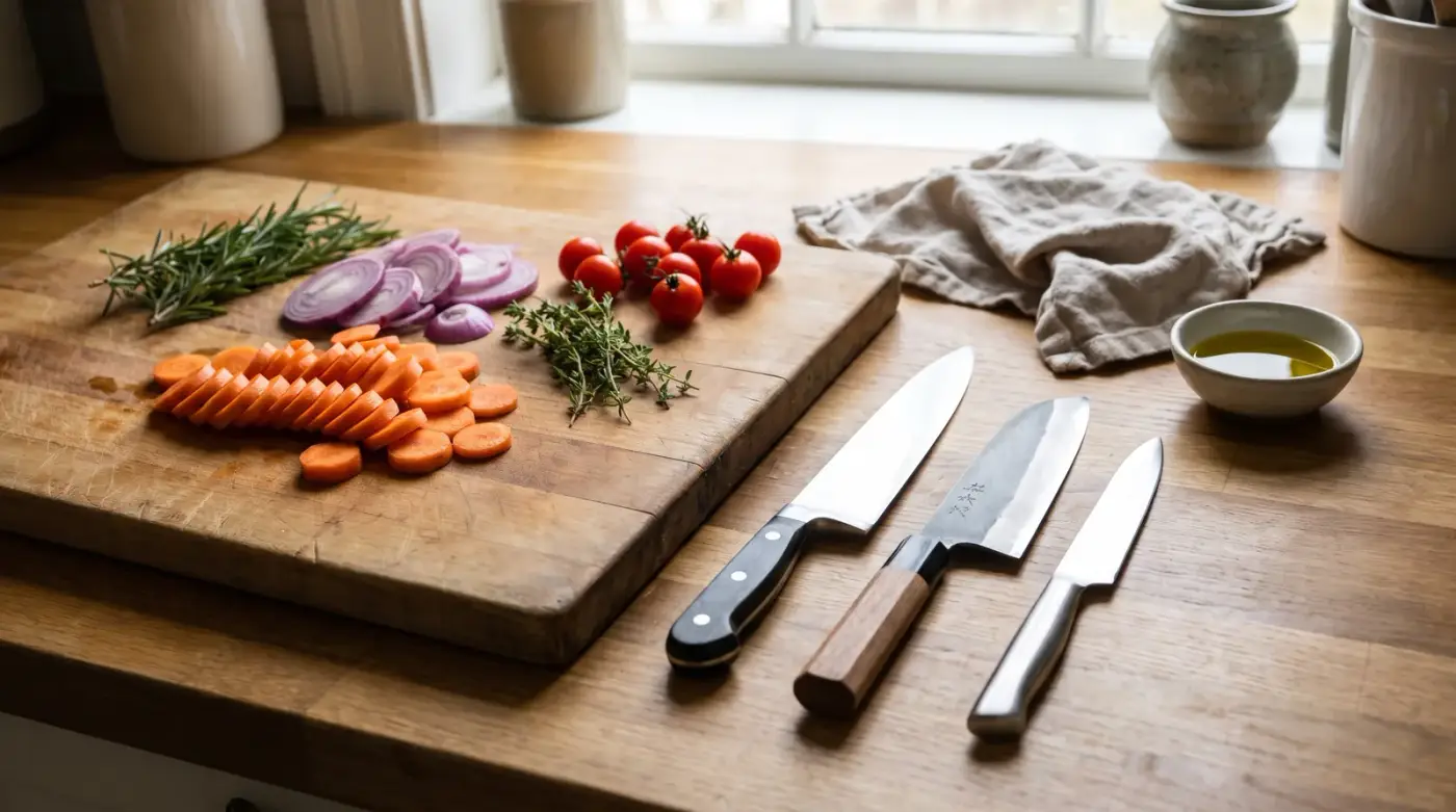 Sur un plan de travail en bois, une planche à découper avec des rondelles de carotte, de l'oignon rouge et des herbes, à côté de trois couteaux de cuisine sans marque : un couteau de chef à manche noir, un couteau de style japonais à manche en bois et un couteau tout inox