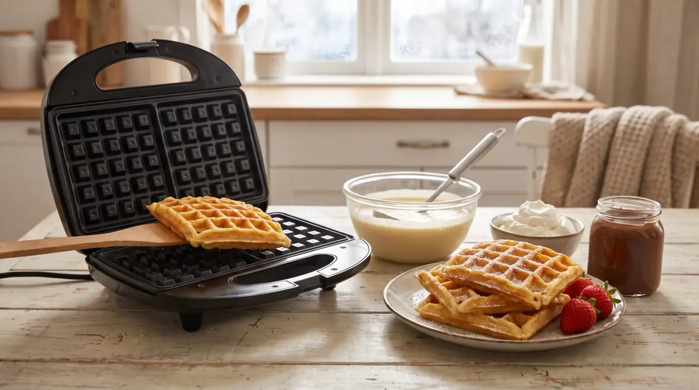 Gaufrier électrique ouvert sur une table en bois, une gaufre dorée soulevée à la spatule, assiette de gaufres au sucre glace, pâte à gaufre, chantilly et fraises