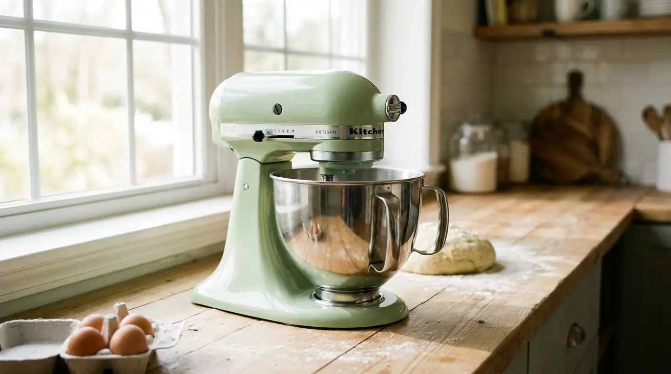 KitchenAid Artisan pistache sur un plan de travail en bois près d'une fenêtre, boule de pâte et œufs à côté