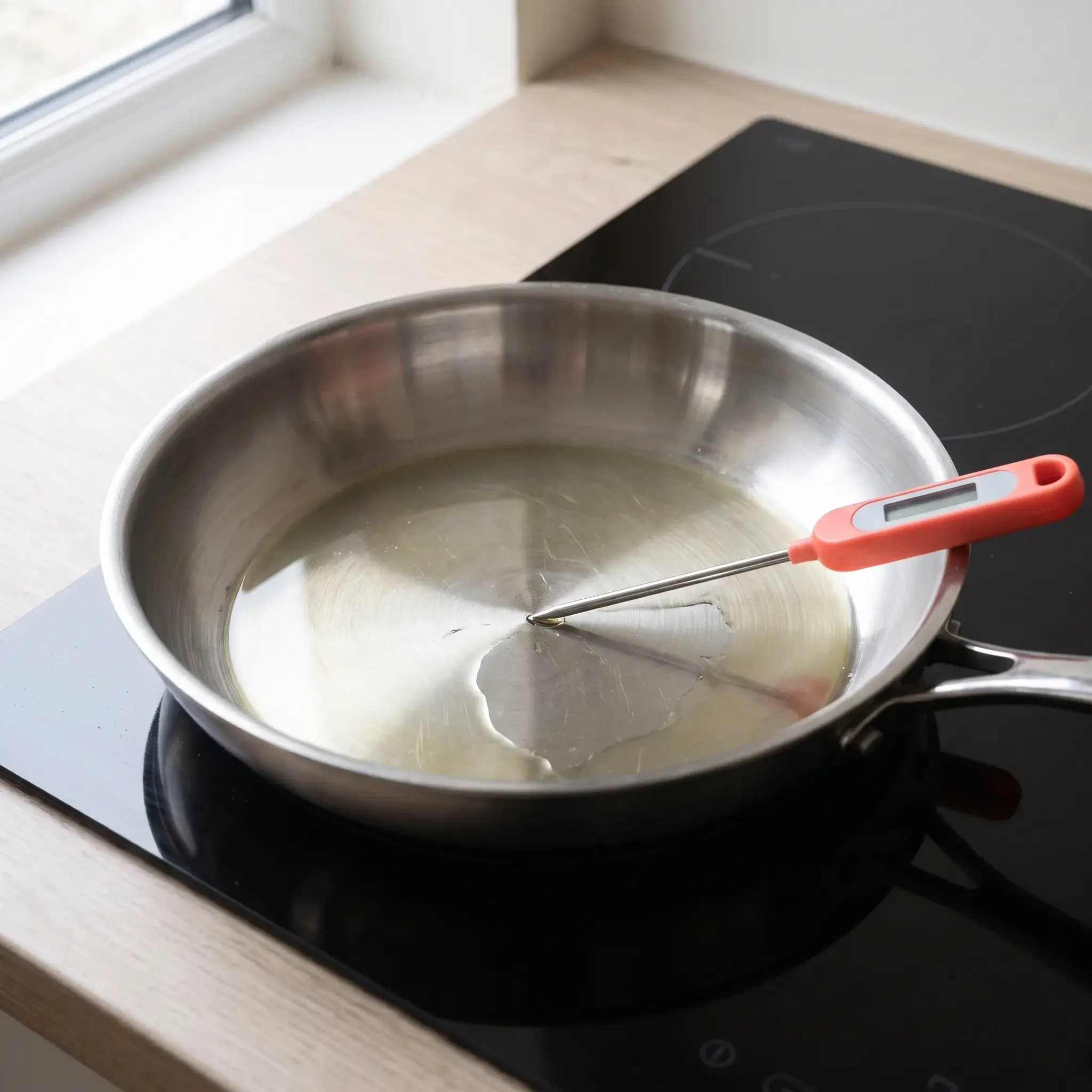Thermomètre de cuisson à sonde avec manche corail posé dans une poêle en inox brossé huilée, sur une plaque à induction noire encastrée dans un plan de travail en chêne clair