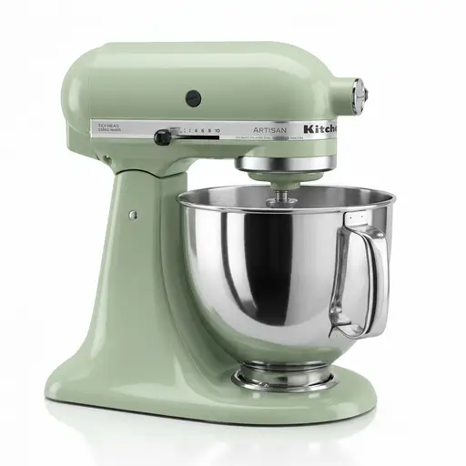 KitchenAid Artisan 5KSM175PS stand mixer in pistachio, with a stainless steel bowl