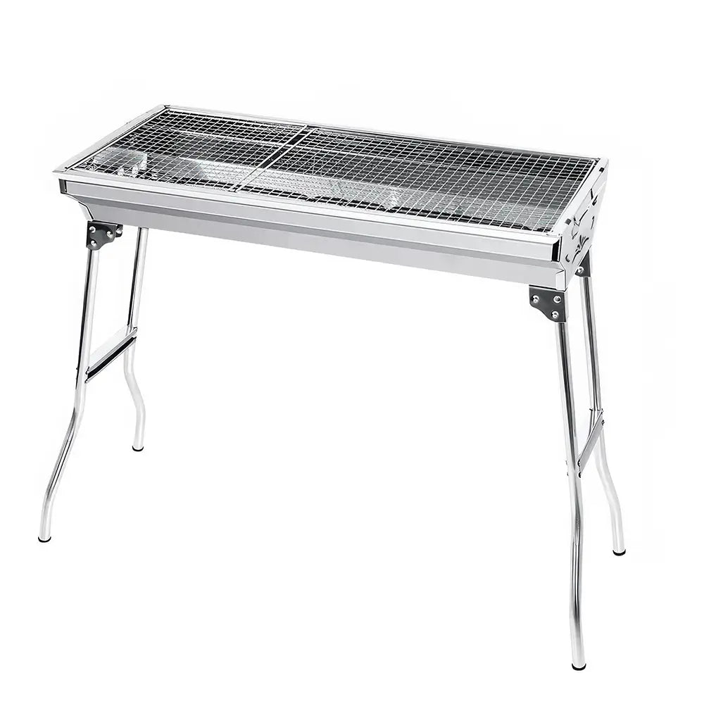 Barbecue pliant nomade en acier inoxydable monté, prêt à l’emploi pour pique-nique ou camping