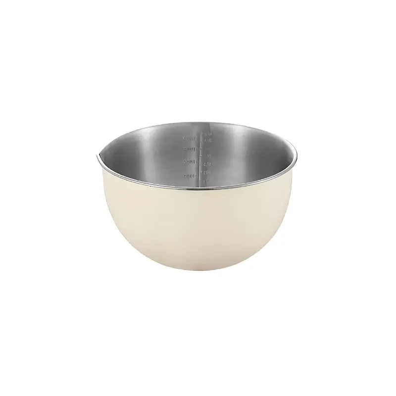 Un bol en acier inoxydable avec un revêtement extérieur beige, idéal pour la cuisine.