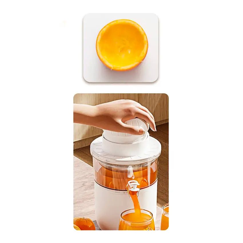 Comparaison visuelle entre un presse-agrumes MIUI, laissant l'écorce d'orange propre, et un autre modèle manuel avec une extraction moins efficace.