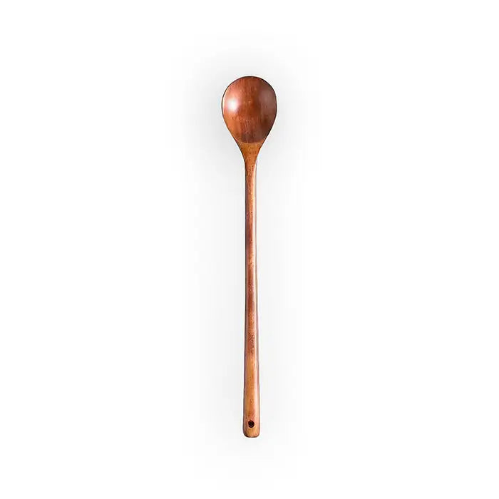 Cuillère en bois foncé avec finition lisse, parfaite pour cuisiner et mélanger des ingrédients délicats